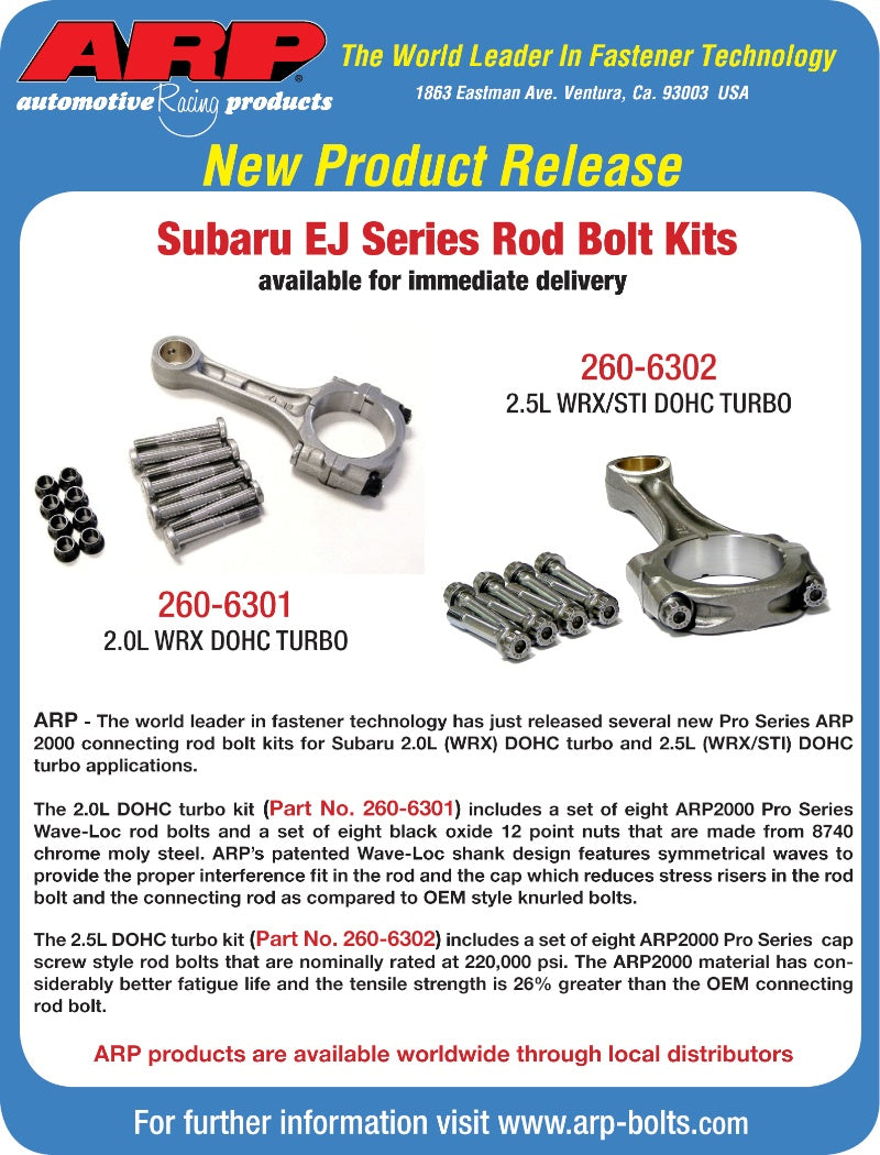 ARP 260-6301 Rod Bolt Kit for Subaru EJ18 1.8L & EJ22 2.2L SOHC. EJ25 2.5L. SOHC/DOHC. non-turbo & EJ20 2.0L DOHC turbo. press fit